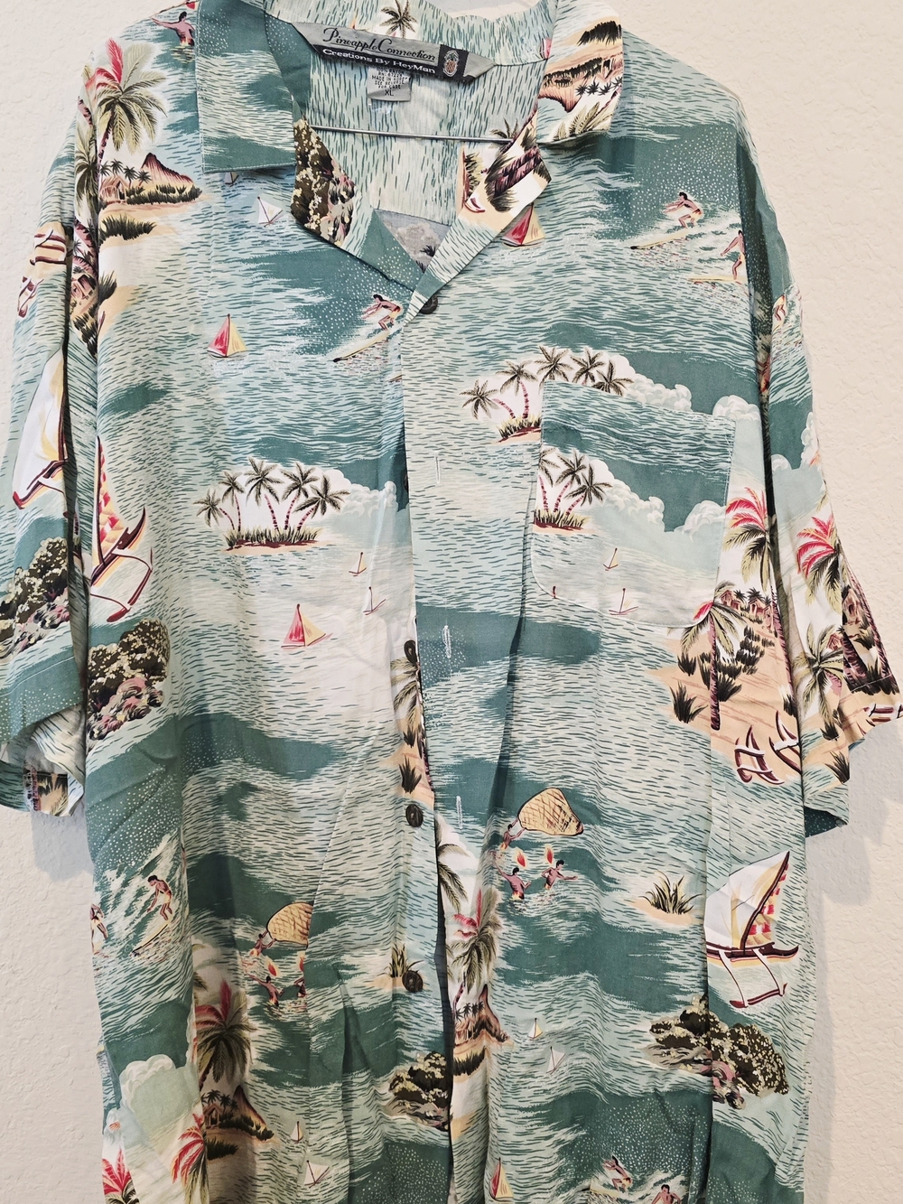 Pineapple Connection Tropical Island Print Camp Shirt in Seafoam Green